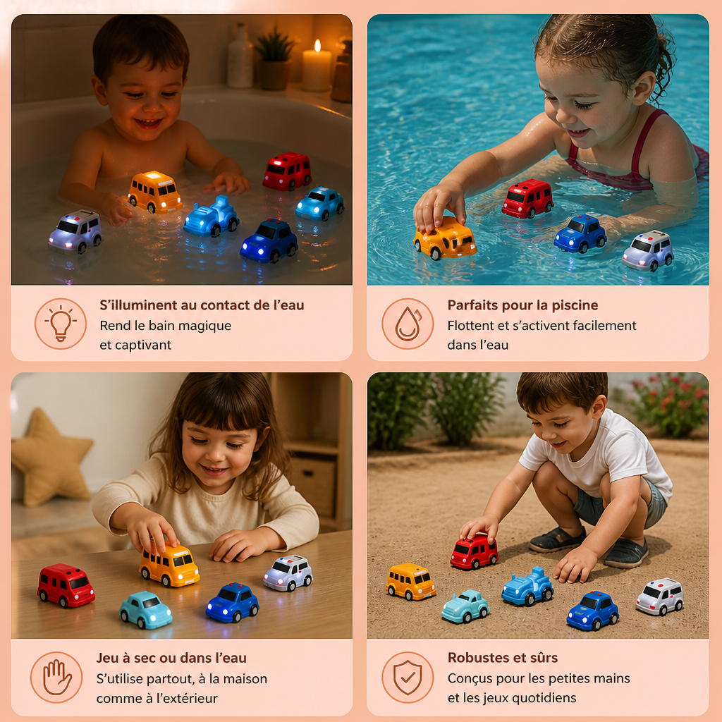 Set de petites voitures lumineuses pour le bain – Jouets de bain pour bébé activés par l’eau
