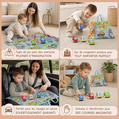 Ensemble de Voitures en Peluche Douce à Rétrofriction avec Tapis de Jeu 2-en-1 et Sac de Rangement