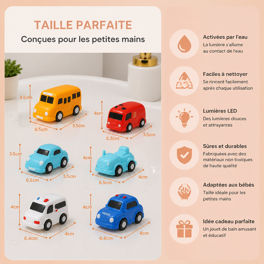 Set de petites voitures lumineuses pour le bain – Jouets de bain pour bébé activés par l’eau