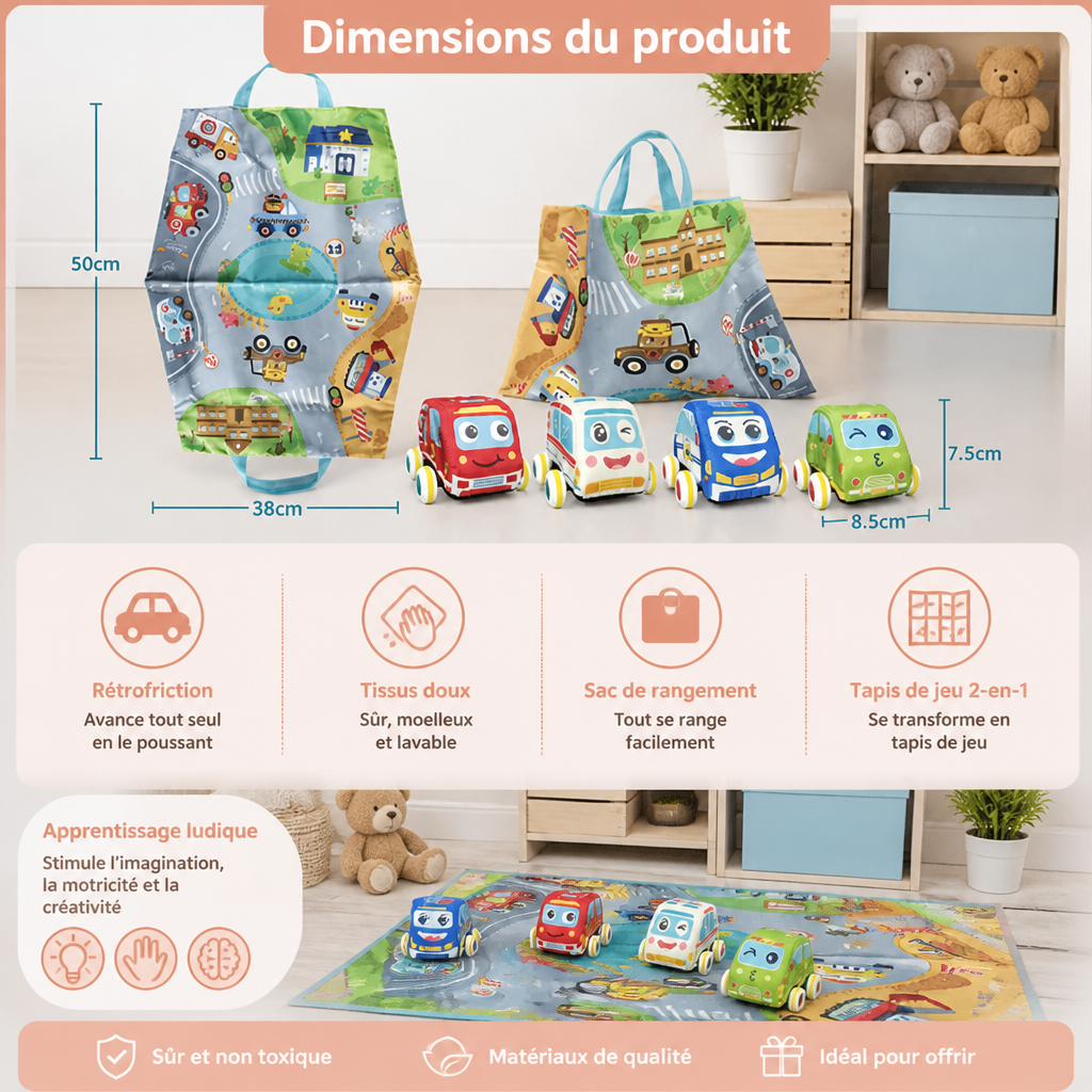 Ensemble de Voitures en Peluche Douce à Rétrofriction avec Tapis de Jeu 2-en-1 et Sac de Rangement