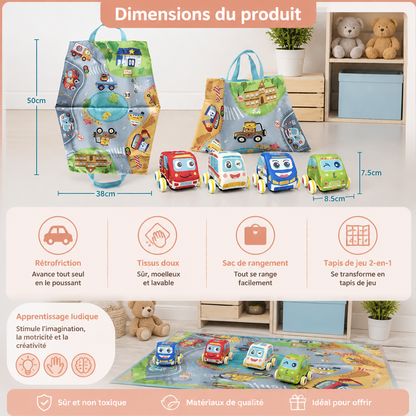 Ensemble de Voitures en Peluche Douce à Rétrofriction avec Tapis de Jeu 2-en-1 et Sac de Rangement