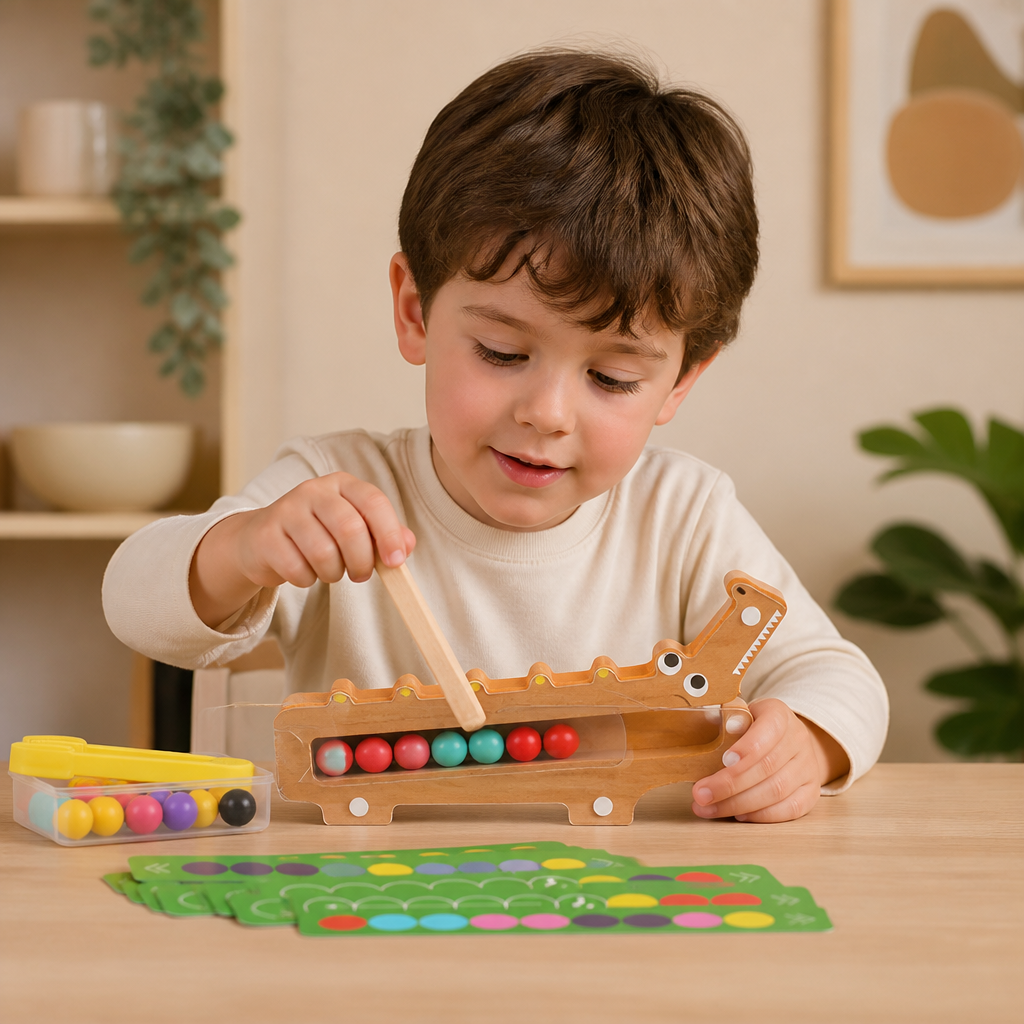 Jeu de Couleurs Crocodile – Jeu Éducatif avec Cartes de Tri et Jouet en Bois