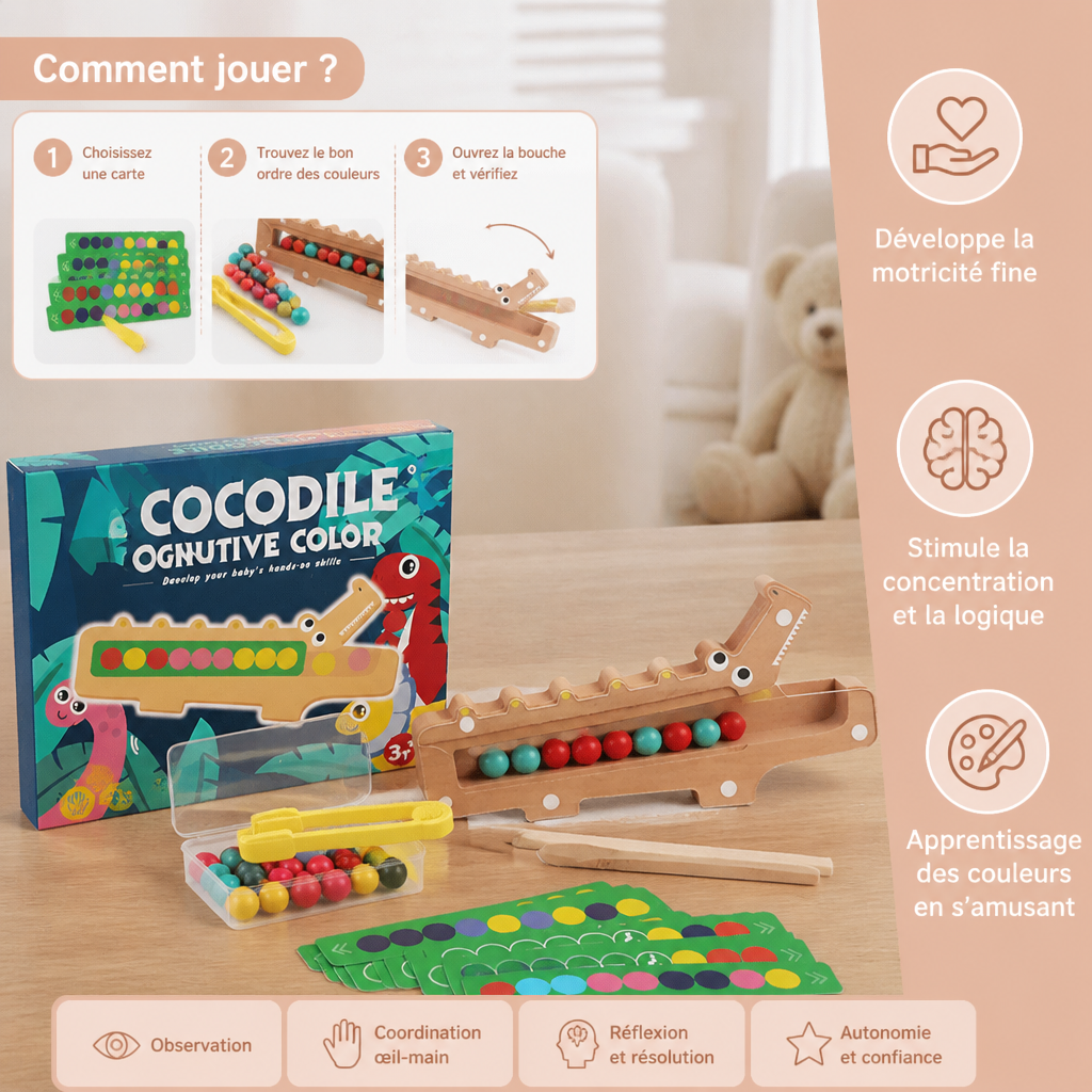 Jeu de Couleurs Crocodile – Jeu Éducatif avec Cartes de Tri et Jouet en Bois