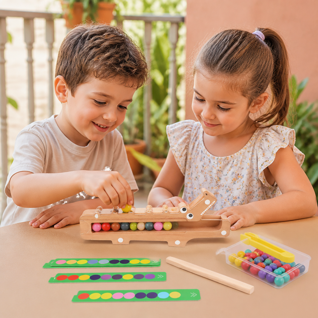 Jeu de Couleurs Crocodile – Jeu Éducatif avec Cartes de Tri et Jouet en Bois