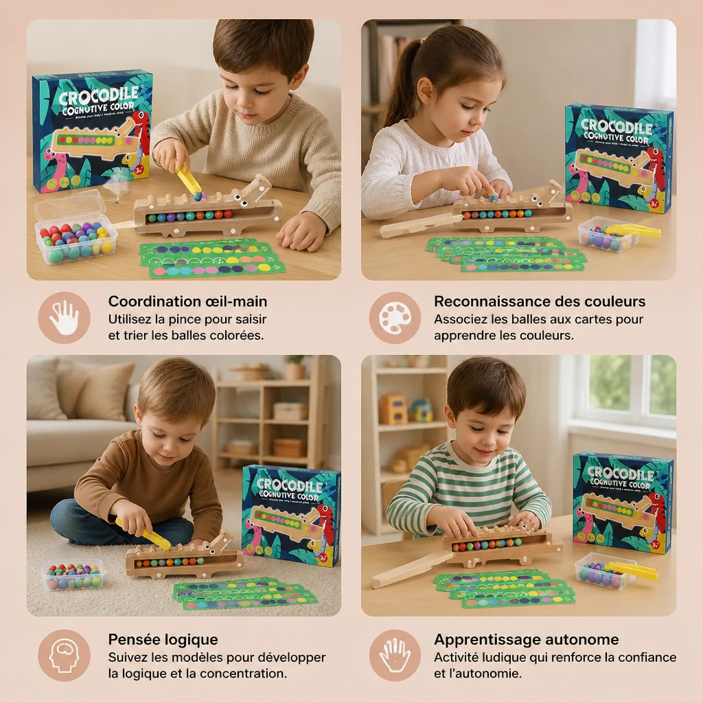 Jeu de Couleurs Crocodile – Jeu Éducatif avec Cartes de Tri et Jouet en Bois