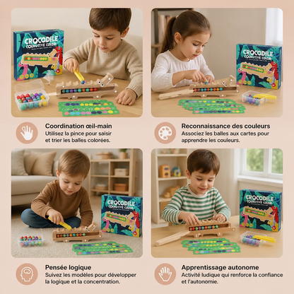 Jeu de Couleurs Crocodile – Jeu Éducatif avec Cartes de Tri et Jouet en Bois