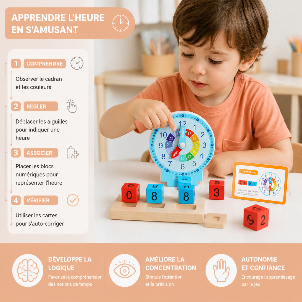 Jouet éducatif Montessori pour apprendre l’heure et le temps