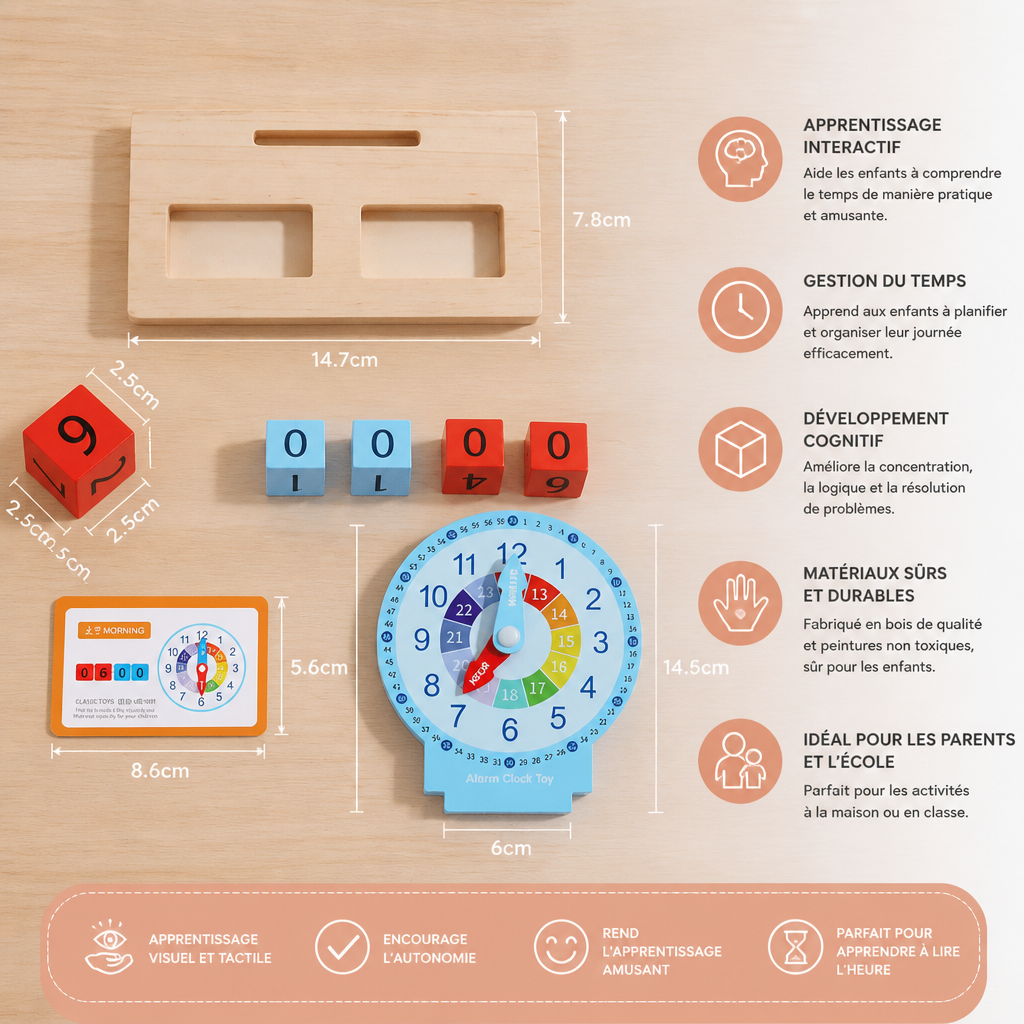 Jouet éducatif Montessori pour apprendre l’heure et le temps