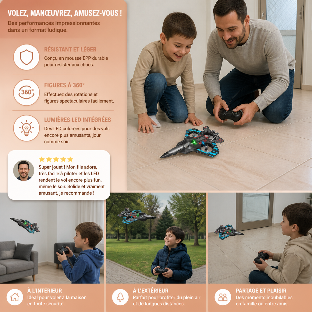 Drone RC en mousse résistante en forme d’avion de chasse pour voler à l’intérieur et à l’extérieur – Figures à 360° et lumières LED