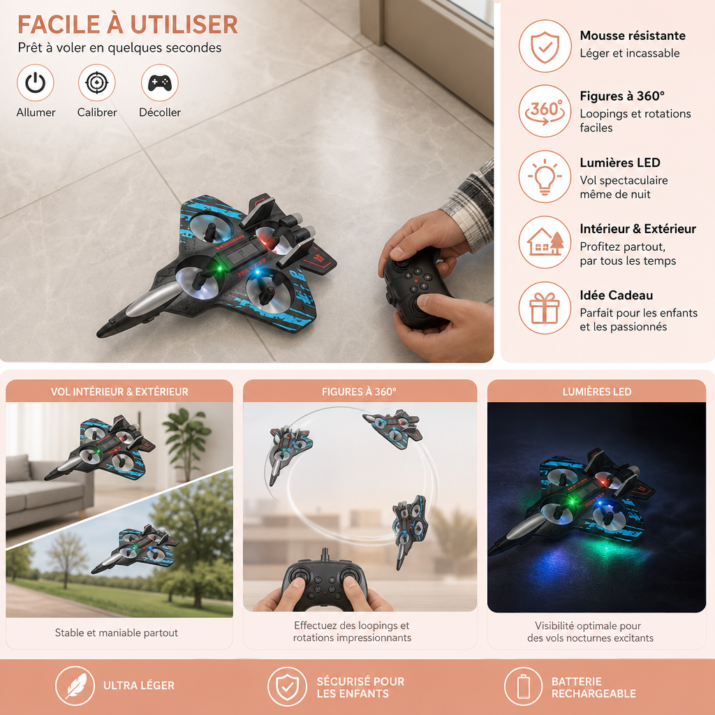 Drone RC en mousse résistante en forme d’avion de chasse pour voler à l’intérieur et à l’extérieur – Figures à 360° et lumières LED