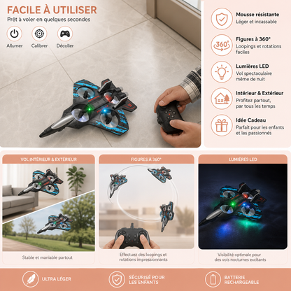 Drone RC en mousse résistante en forme d’avion de chasse pour voler à l’intérieur et à l’extérieur – Figures à 360° et lumières LED