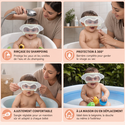Visière de bain réglable pour bébé avec protection à 360° des yeux et des oreilles contre l’eau et le shampoing