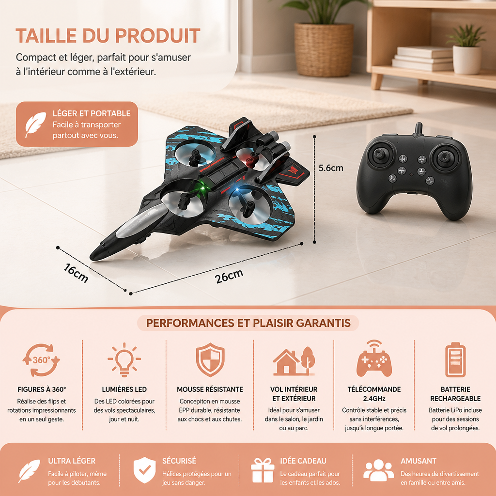 Drone RC en mousse résistante en forme d’avion de chasse pour voler à l’intérieur et à l’extérieur – Figures à 360° et lumières LED