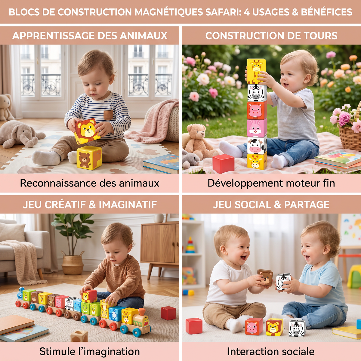 Blocs de construction magnétiques avec animaux de safari de 4,2 cm adaptés aux tout-petits – blocs d’apprentissage STEM