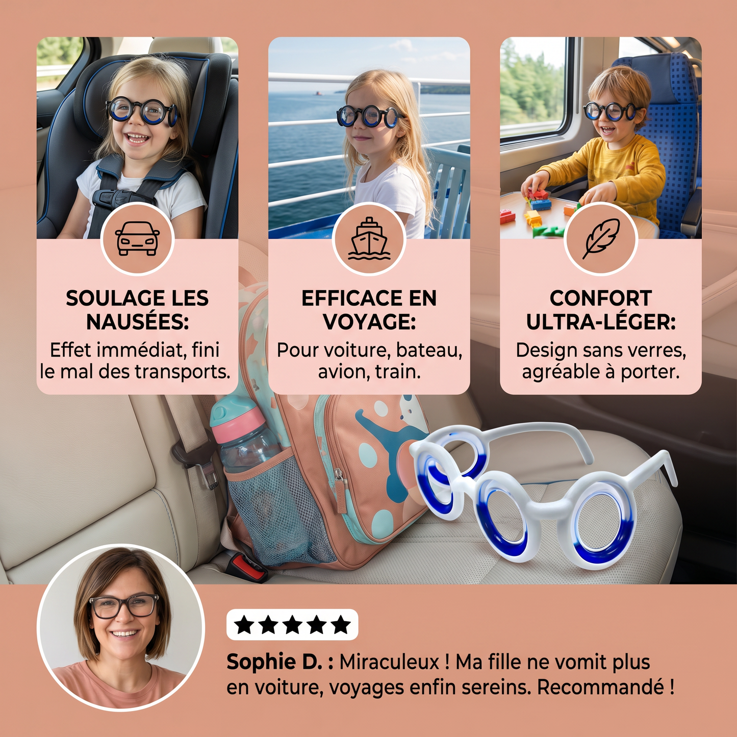 Lunettes Anti-Mal des Transports pour Enfants – Soulagement Ultra-Léger contre les Nausées en Voyage