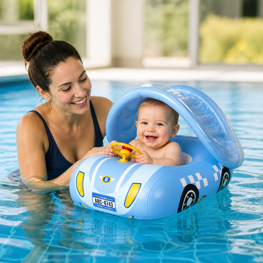 Bouée bébé gonflable en forme de voiture avec pare-soleil