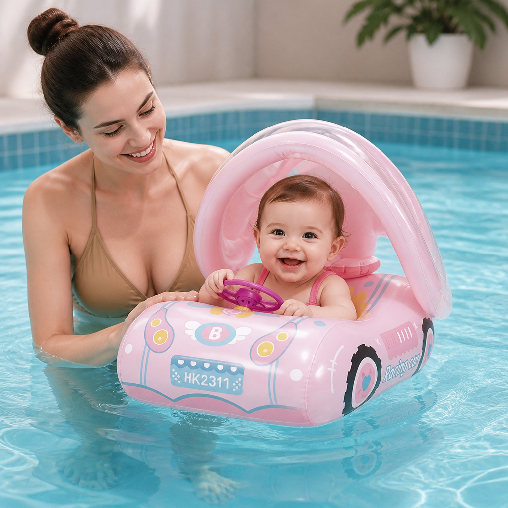 Bouée bébé gonflable en forme de voiture avec pare-soleil