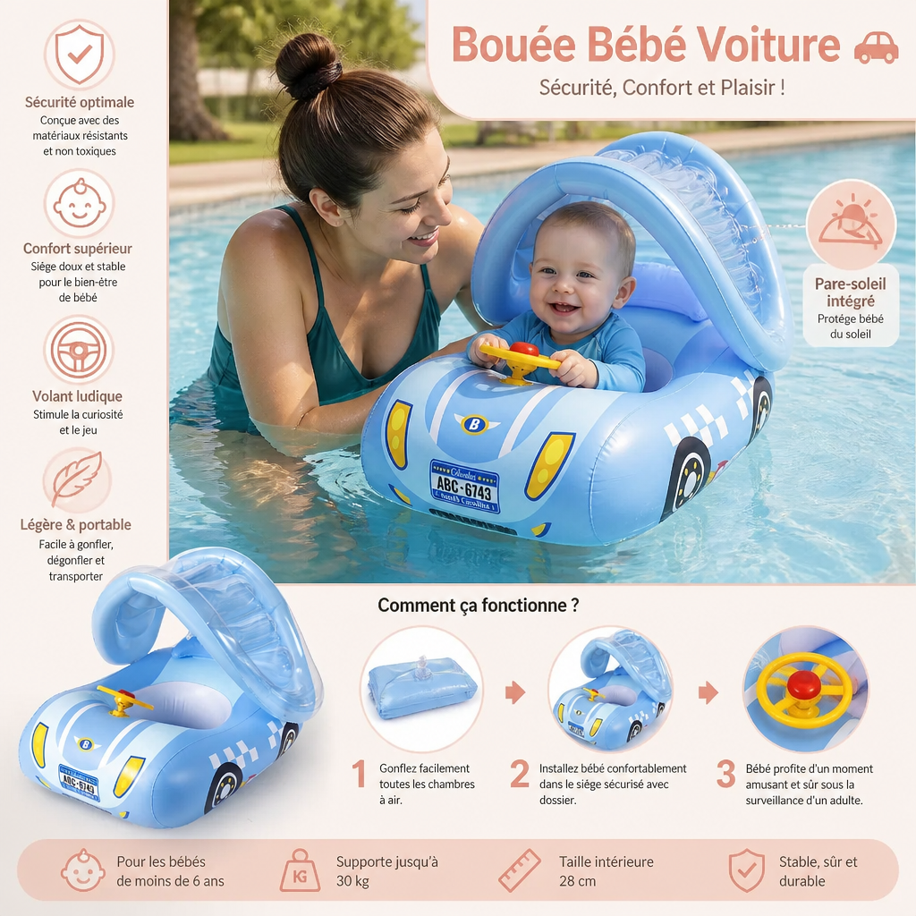 Bouée bébé gonflable en forme de voiture avec pare-soleil