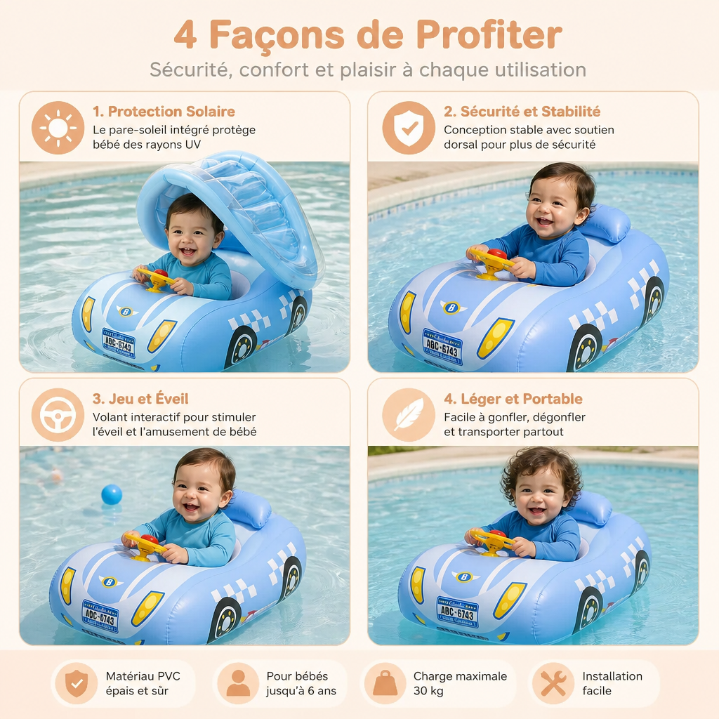 Bouée bébé gonflable en forme de voiture avec pare-soleil