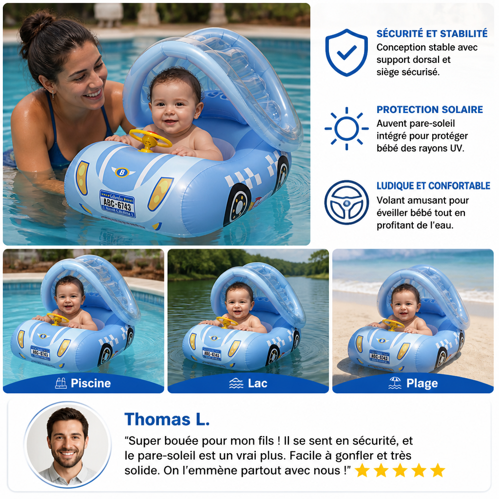 Bouée bébé gonflable en forme de voiture avec pare-soleil