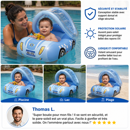 Bouée bébé gonflable en forme de voiture avec pare-soleil