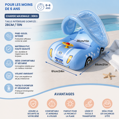 Bouée bébé gonflable en forme de voiture avec pare-soleil