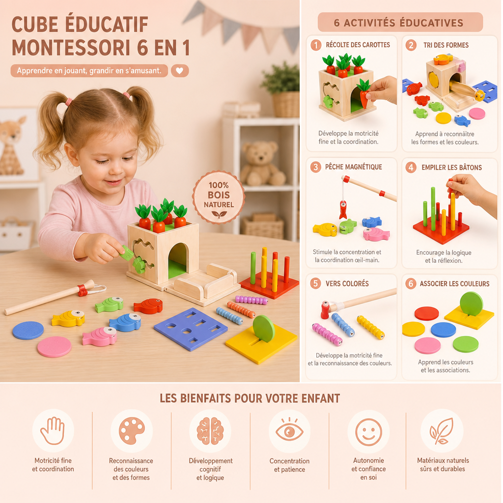 Cube Éducatif Montessori En Bois 6 En 1 Avec Formes Et Figurines
