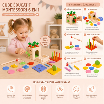 Cube Éducatif Montessori En Bois 6 En 1 Avec Formes Et Figurines