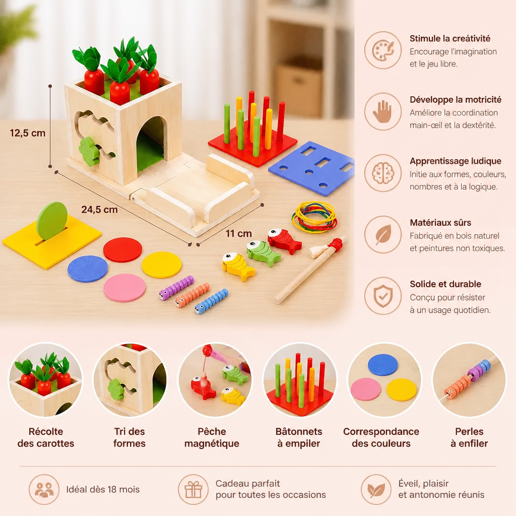 Cube Éducatif Montessori En Bois 6 En 1 Avec Formes Et Figurines
