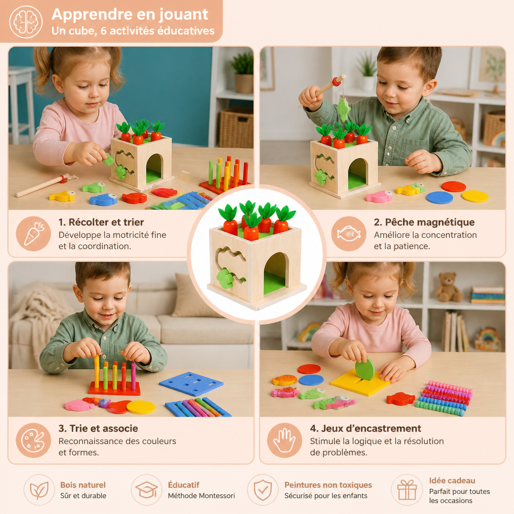 Cube Éducatif Montessori En Bois 6 En 1 Avec Formes Et Figurines