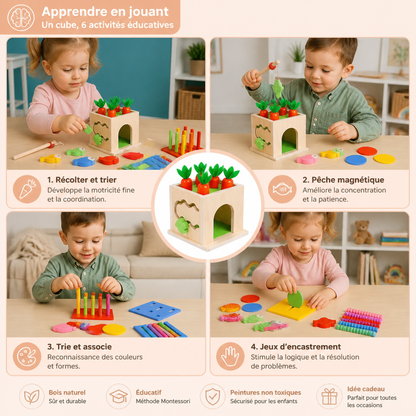 Cube Éducatif Montessori En Bois 6 En 1 Avec Formes Et Figurines