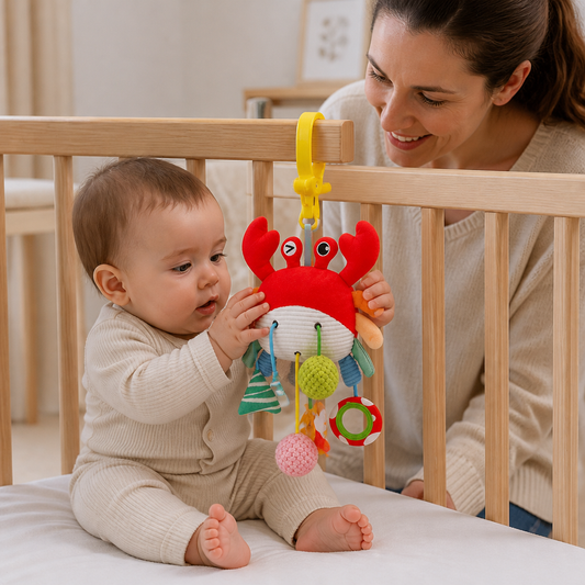 Jouet D’Activité Crabe Pour Bébés Avec Cordon À Tirer, Hochet Et Anneau De Dentition