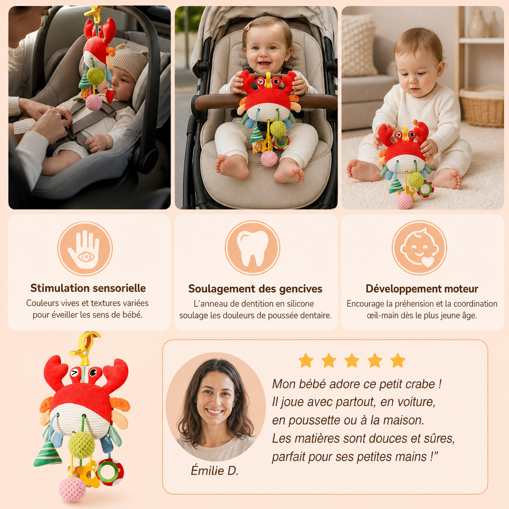 Jouet D’Activité Crabe Pour Bébés Avec Cordon À Tirer, Hochet Et Anneau De Dentition