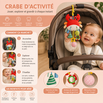Jouet D’Activité Crabe Pour Bébés Avec Cordon À Tirer, Hochet Et Anneau De Dentition