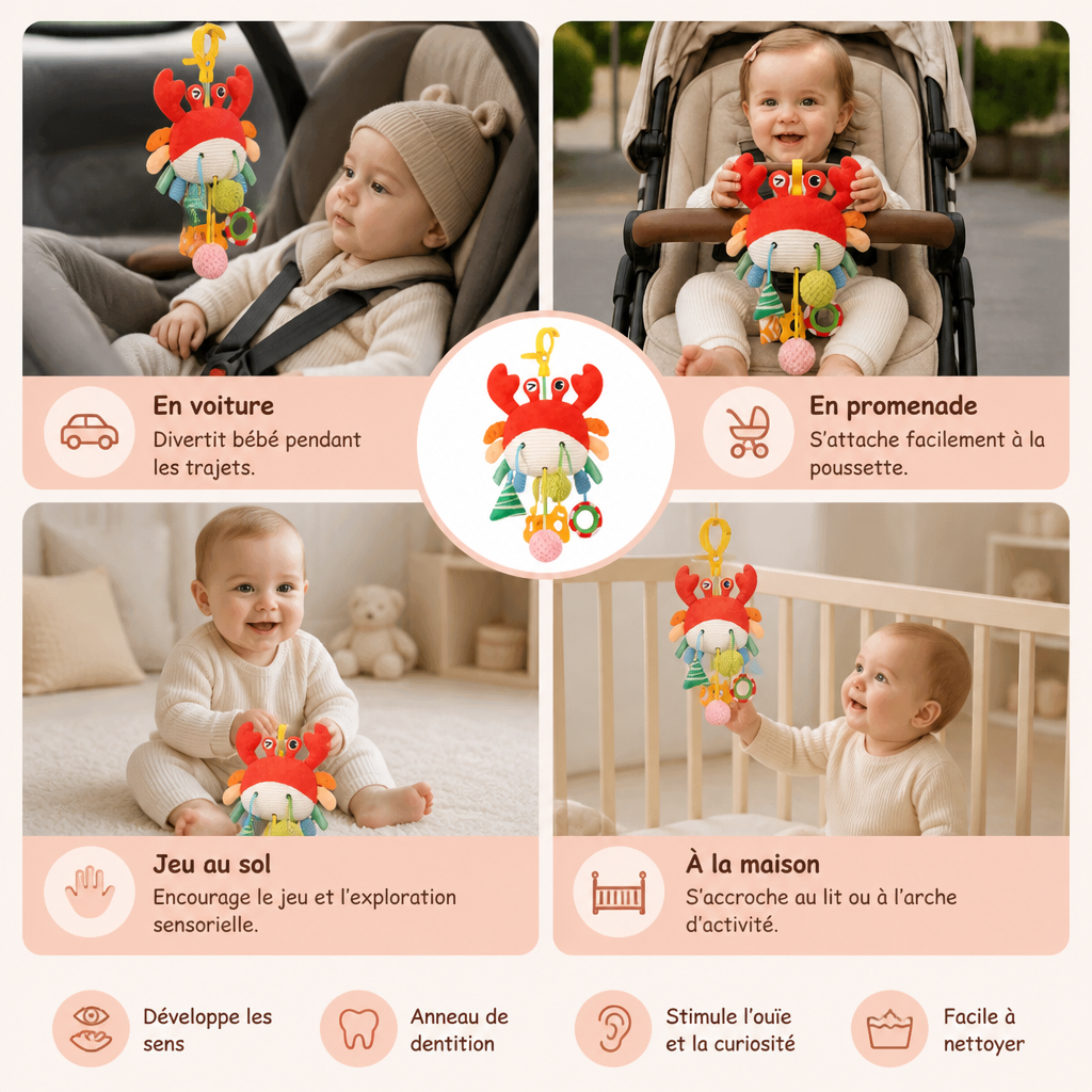 Jouet D’Activité Crabe Pour Bébés Avec Cordon À Tirer, Hochet Et Anneau De Dentition