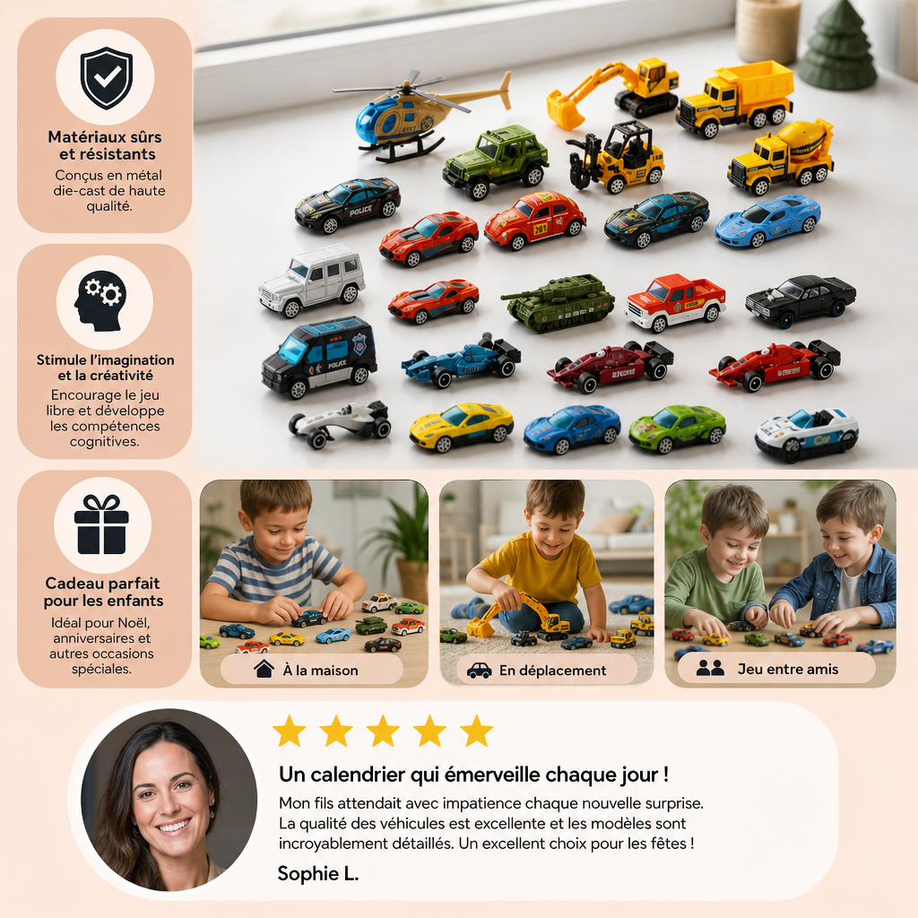 Calendrier de l'Avent de Noël avec Voitures Die-Cast pour Enfants