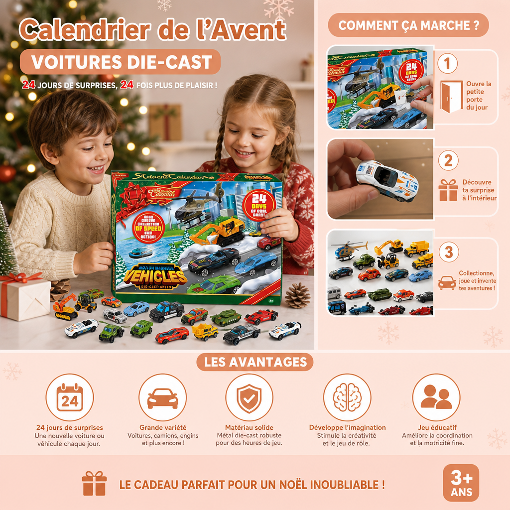 Calendrier de l'Avent de Noël avec Voitures Die-Cast pour Enfants