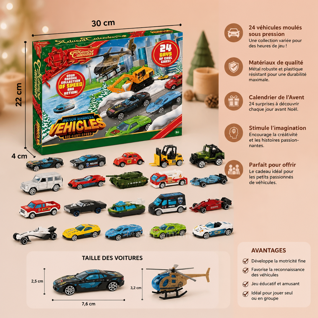 Calendrier de l'Avent de Noël avec Voitures Die-Cast pour Enfants