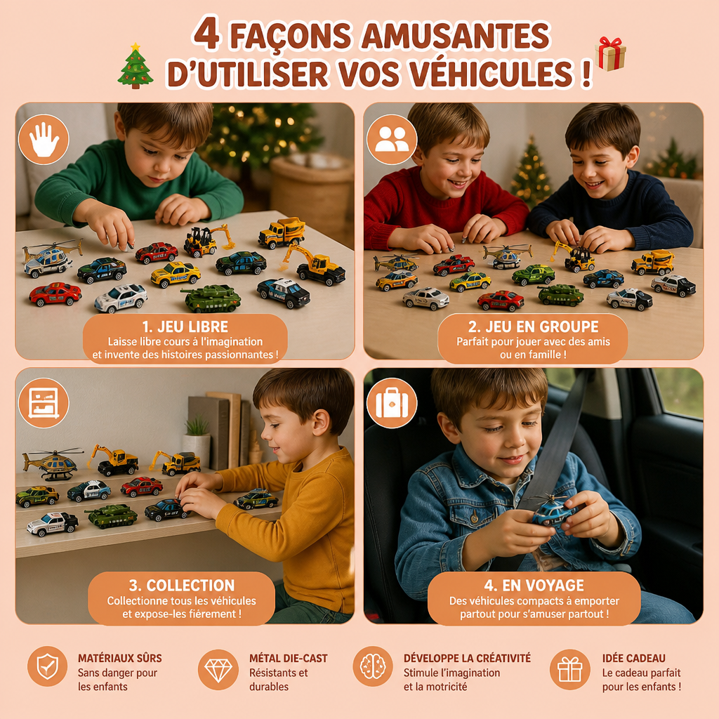 Calendrier de l'Avent de Noël avec Voitures Die-Cast pour Enfants