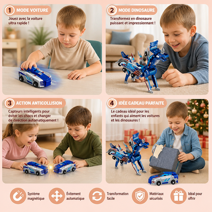 Voiture Transformable 2-en-1 Magnétique et Jouet Dinosaure avec Action Anticollision Automatique