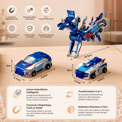 Voiture Transformable 2-en-1 Magnétique et Jouet Dinosaure avec Action Anticollision Automatique