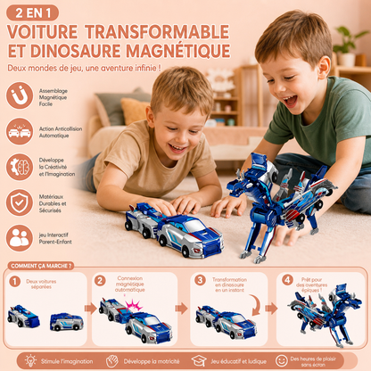 Voiture Transformable 2-en-1 Magnétique et Jouet Dinosaure avec Action Anticollision Automatique