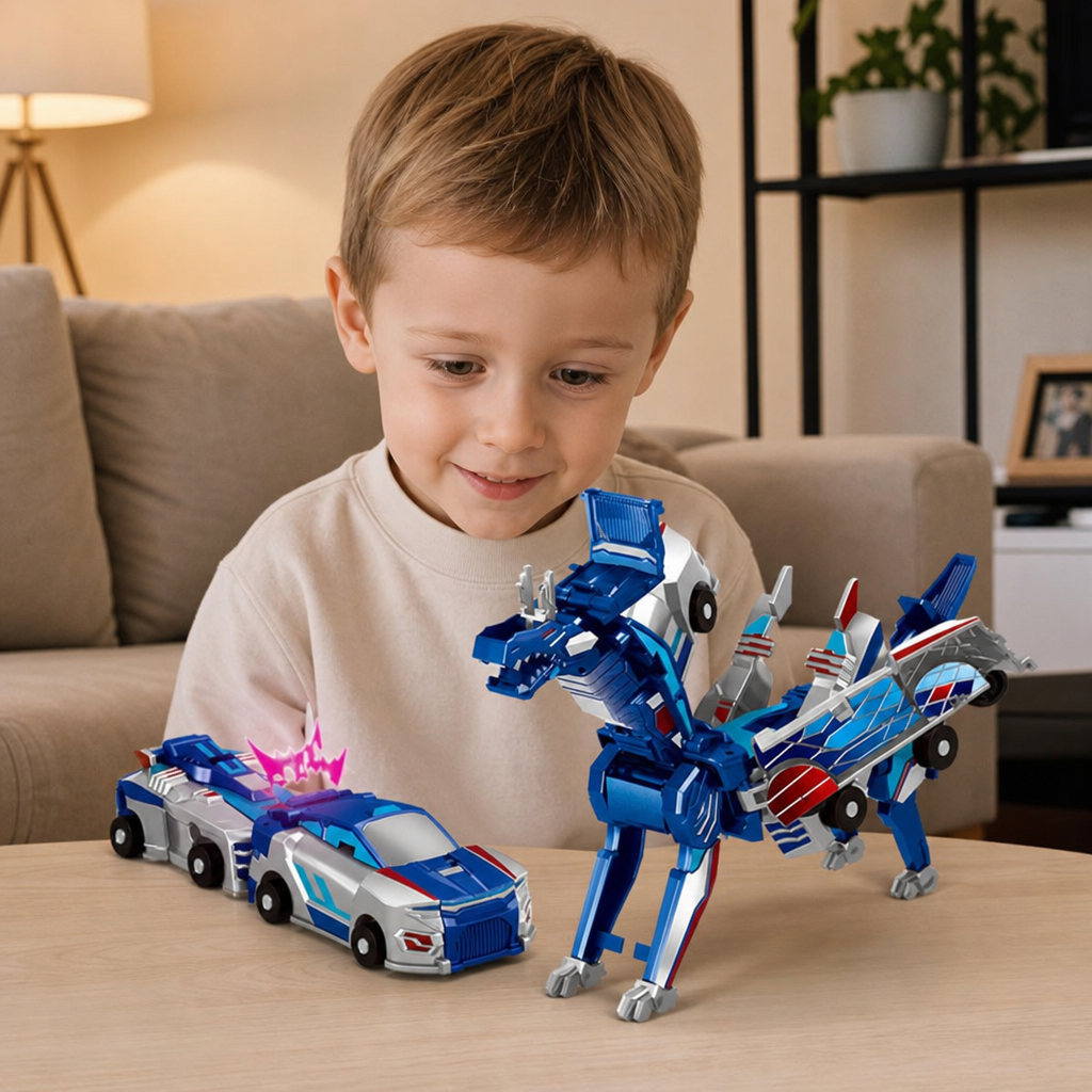 Voiture Transformable 2-en-1 Magnétique et Jouet Dinosaure avec Action Anticollision Automatique