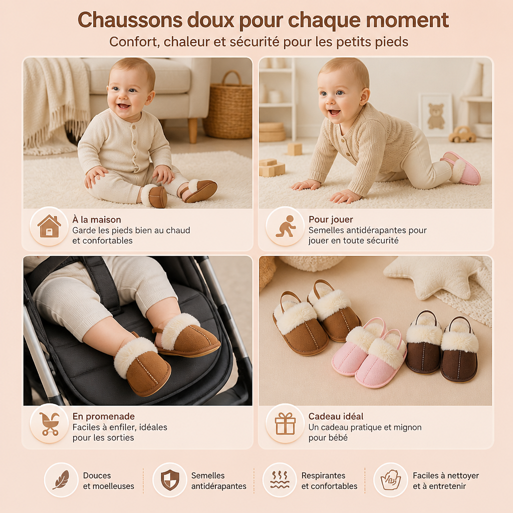 Chaussons Doux pour Bébés et Tout-Petits avec Doublure en Peluche et Semelles Antidérapantes