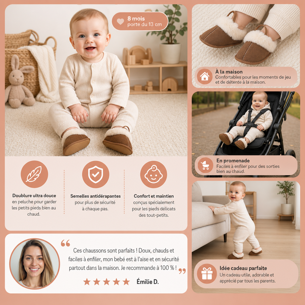 Chaussons Doux pour Bébés et Tout-Petits avec Doublure en Peluche et Semelles Antidérapantes