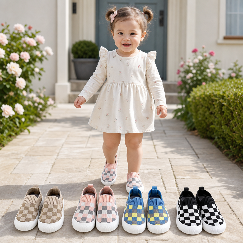 Chaussures Légères à Carreaux pour Bébé avec Semelles Douces et Antidérapantes