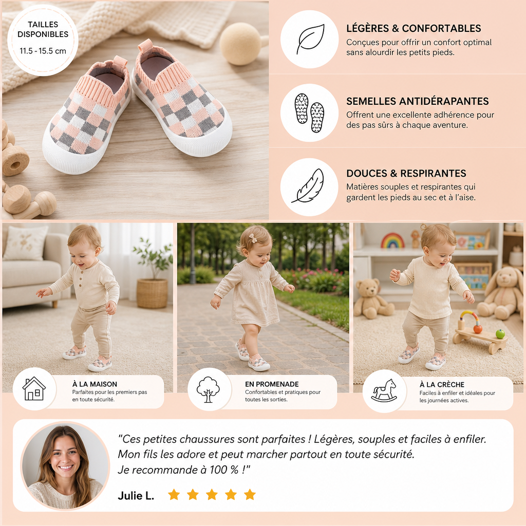 Chaussures Légères à Carreaux pour Bébé avec Semelles Douces et Antidérapantes