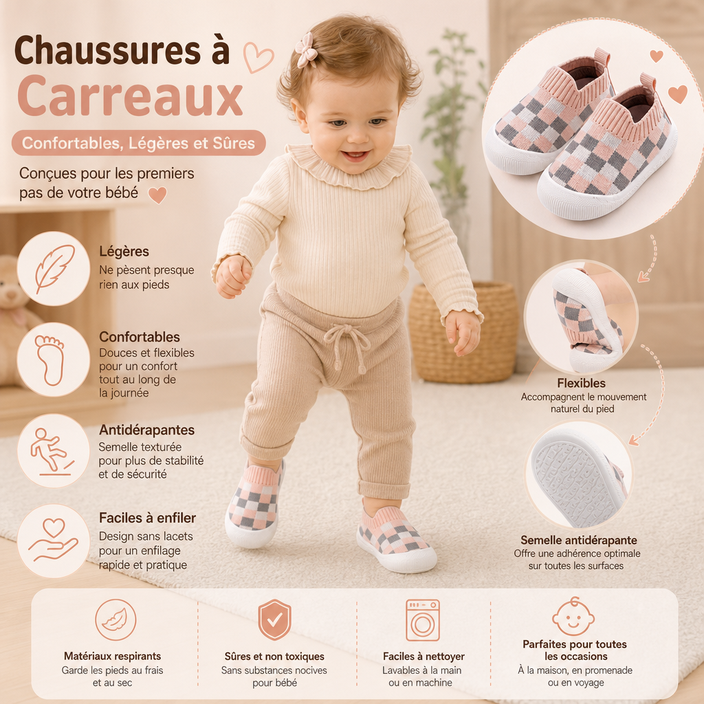 Chaussures Légères à Carreaux pour Bébé avec Semelles Douces et Antidérapantes