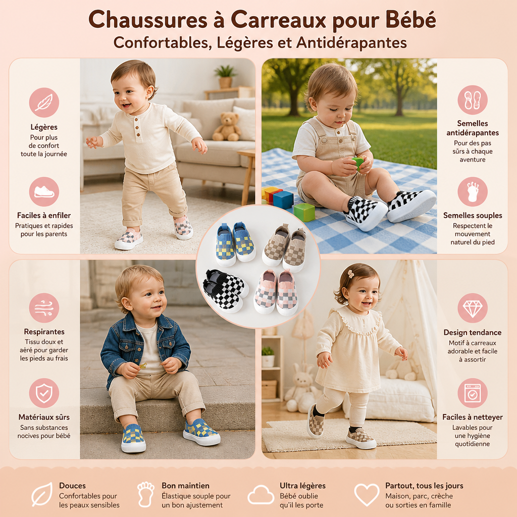 Chaussures Légères à Carreaux pour Bébé avec Semelles Douces et Antidérapantes