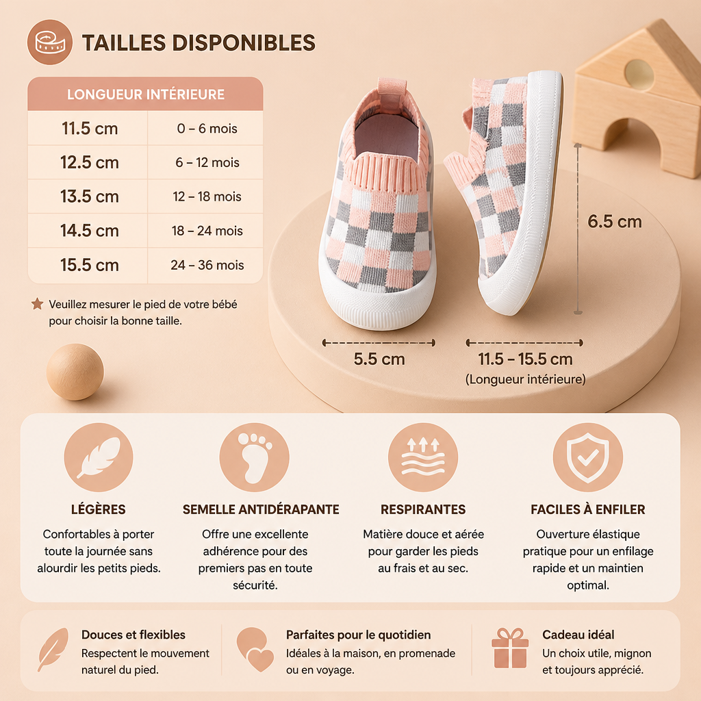 Chaussures Légères à Carreaux pour Bébé avec Semelles Douces et Antidérapantes